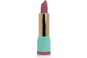 mauve lipstick with gold case in blue container on white background