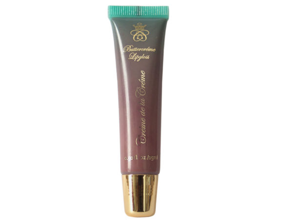 brown pink lip gloss in squeeze tube with gold cap on white background