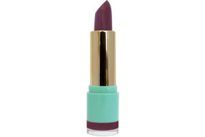 mauve-plum lipstick with gold case in blue container on white background