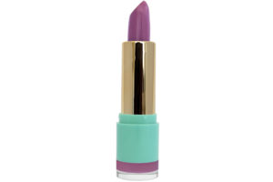 lavender lipstick with gold case in blue container on white background