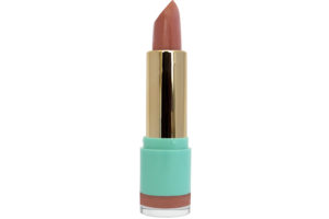 peach-brown lipstick with gold case in blue container on white background