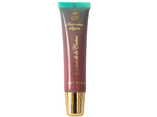 pink brown lip gloss in squeeze tube with gold cap on white background