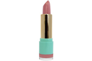 nude pink lipstick with gold case in blue container on white background