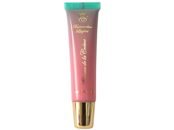hot pink lip gloss in squeeze tube with gold cap on white background