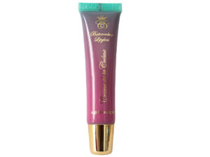 hot-pink lip gloss in squeeze tube with gold cap on white background