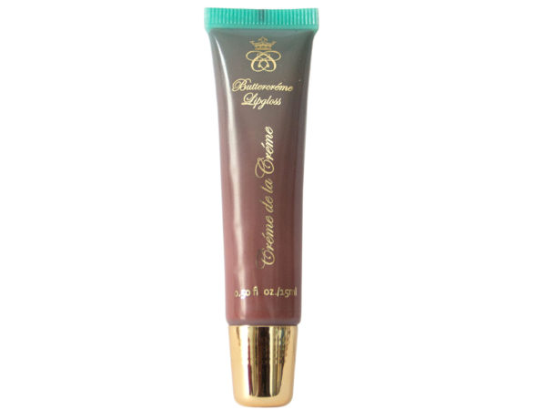 pinky-brown lip gloss in squeeze tube with gold cap on white background