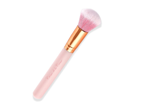 dome shaped brush with pink handle and gold ferrule.