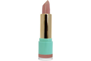 pink nude lipstick with gold case in blue container on white background