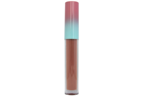 pink brown matte liquid lipstick in clear tube with pink and blue cap on white background