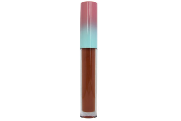 Sienna red matte liquid lipstick in clear tube with pink and blue cap on white background