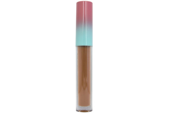 brown matte liquid lipstick in clear tube with pink and blue cap on white background