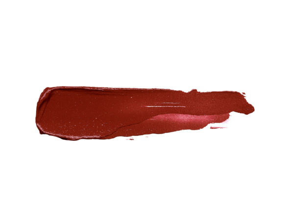 Deep brick red matte liquid lipstick swatch on white background