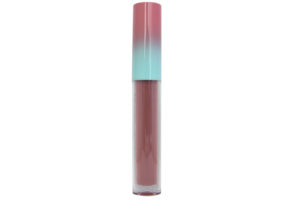 mauve matte liquid lipstick in clear tube with pink and blue cap on white background