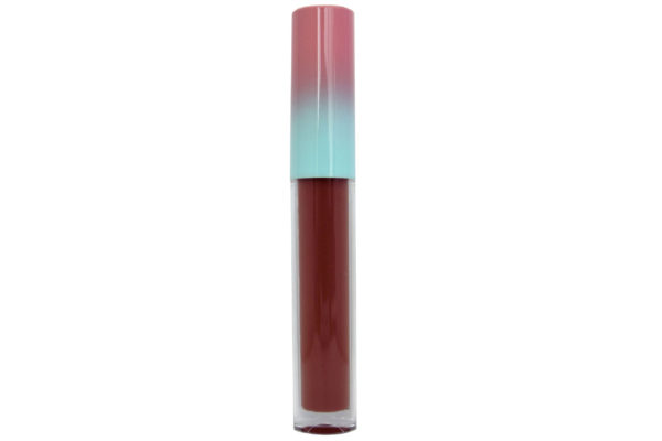 Sienna brown matte liquid lipstick in clear tube with pink and blue cap on white background