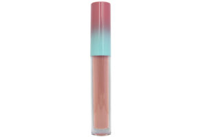 pink matte liquid lipstick in clear tube with pink and blue cap on white background