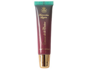 brick red lip gloss in squeeze tube with gold cap on white background