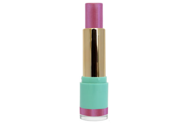 pink lip balm in gold and blue lipstick case on white isolated background