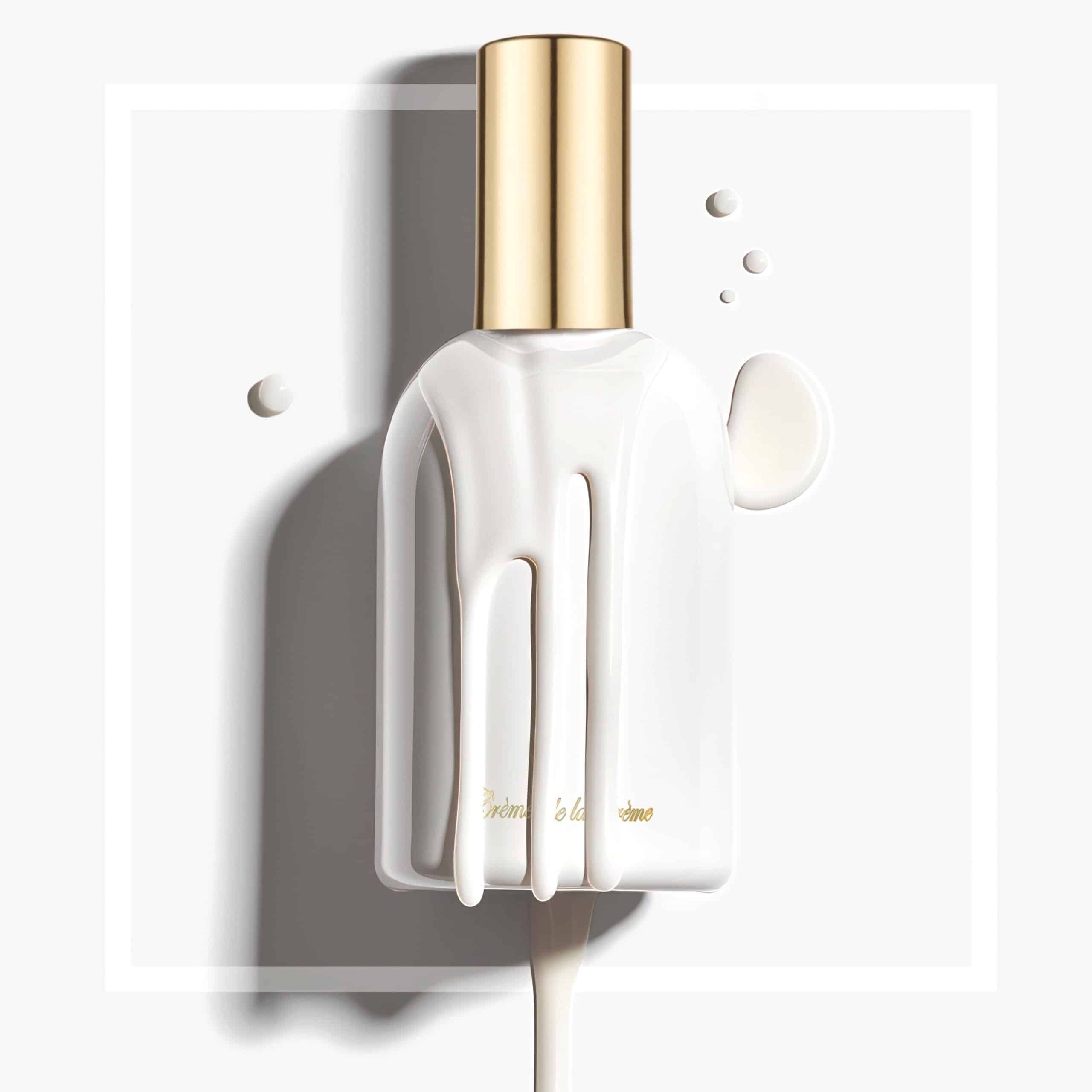 Skin Care. close up photo of white milky lotion dripping down bottle with gold cap with milky drops of lotion on white isolated background.