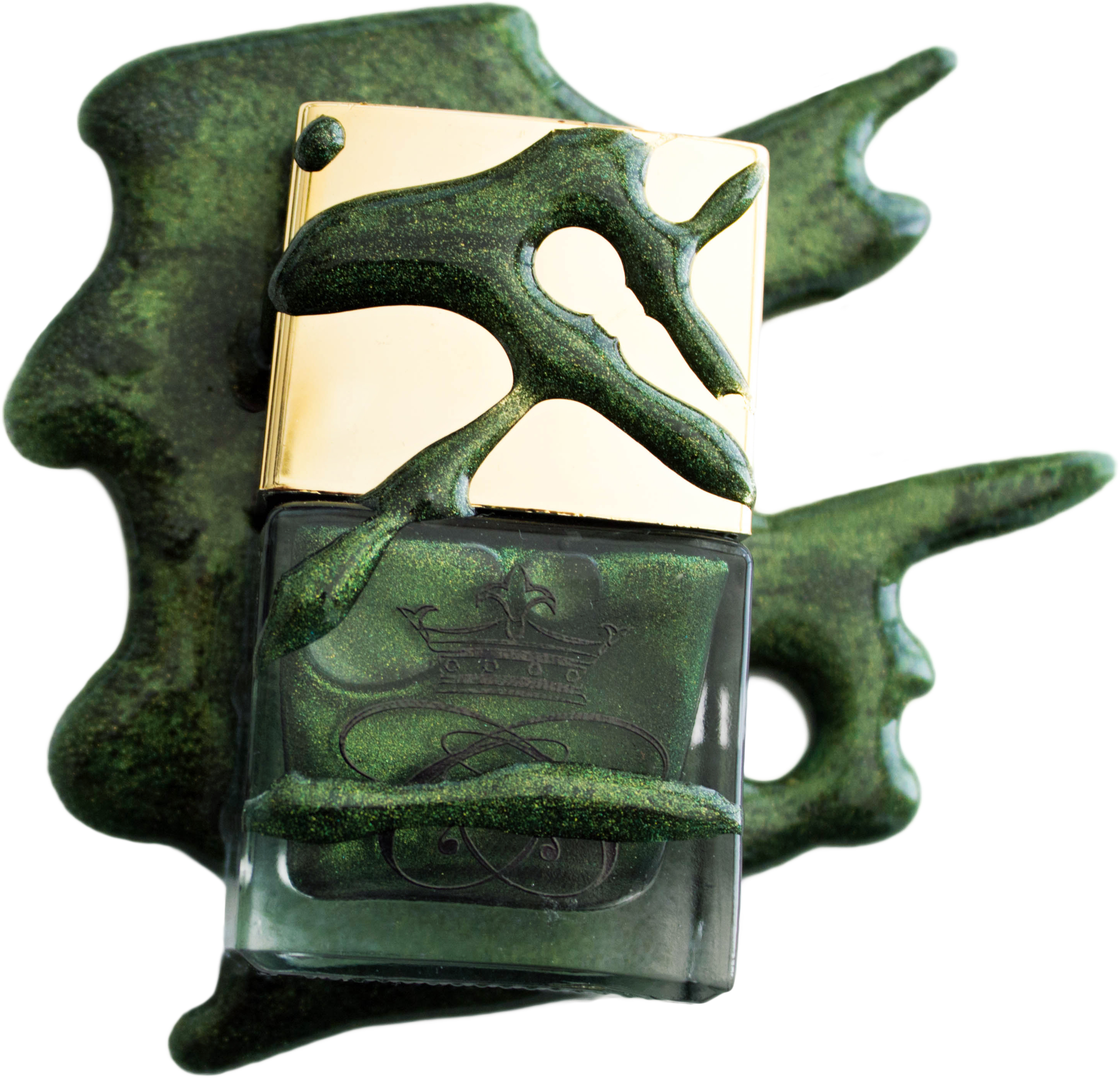 deep green metallic nail polish spill on square nail polish bottle from cosmetic brand Creme de la Creme