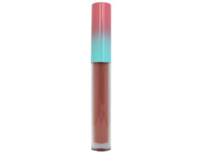 brown pink matte liquid lipstick in clear tube with pink and blue cap on white background
