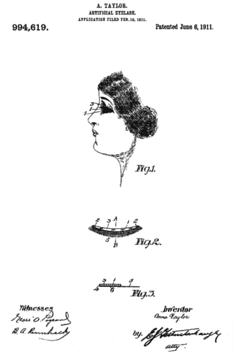 False lash, black and white hand drawn illustration of patent for first strip eyelashes
