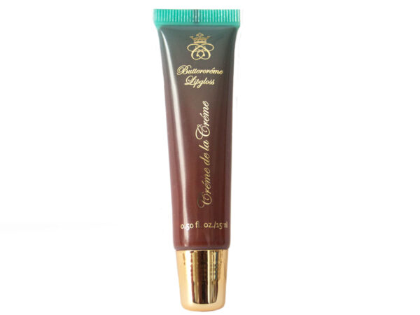 brown lip gloss in squeeze tube with gold cap on white background