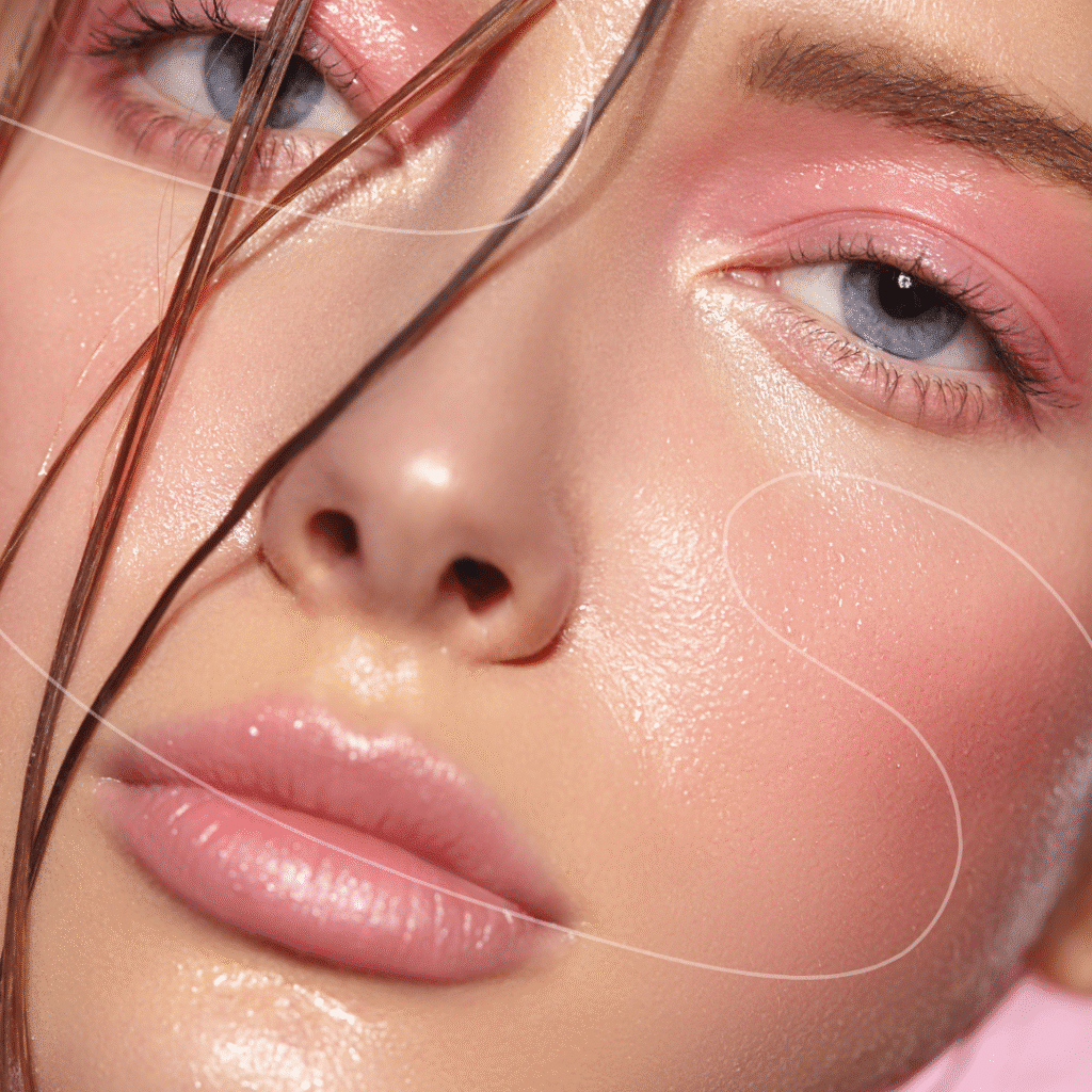 Dew I Make You Blush, beautiful model with rosy cheeks and eye makeup
