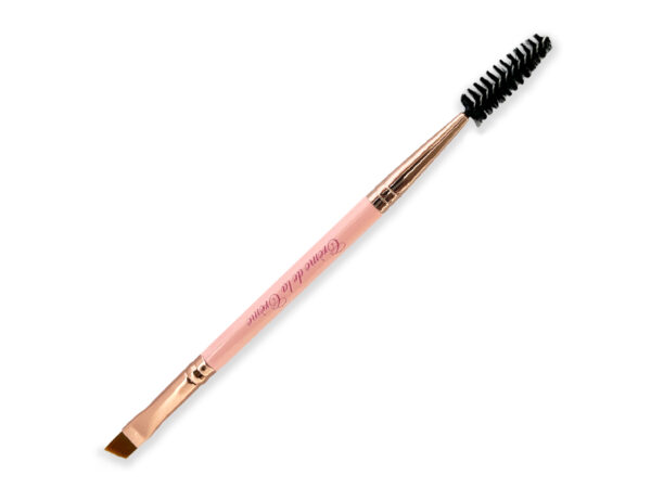 pink double ended angled brush with spoolie on white background