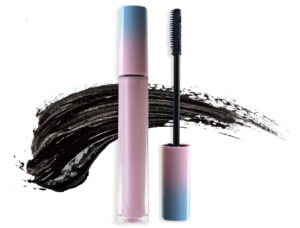 blue pink gradient mascara tube with mascara wand and mascara smear on white background