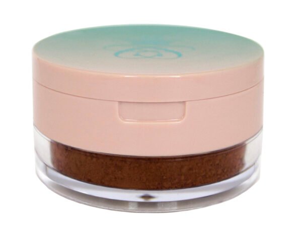 loose makeup powder in translucent plastic jar with pink flap cap lid on white isolated background