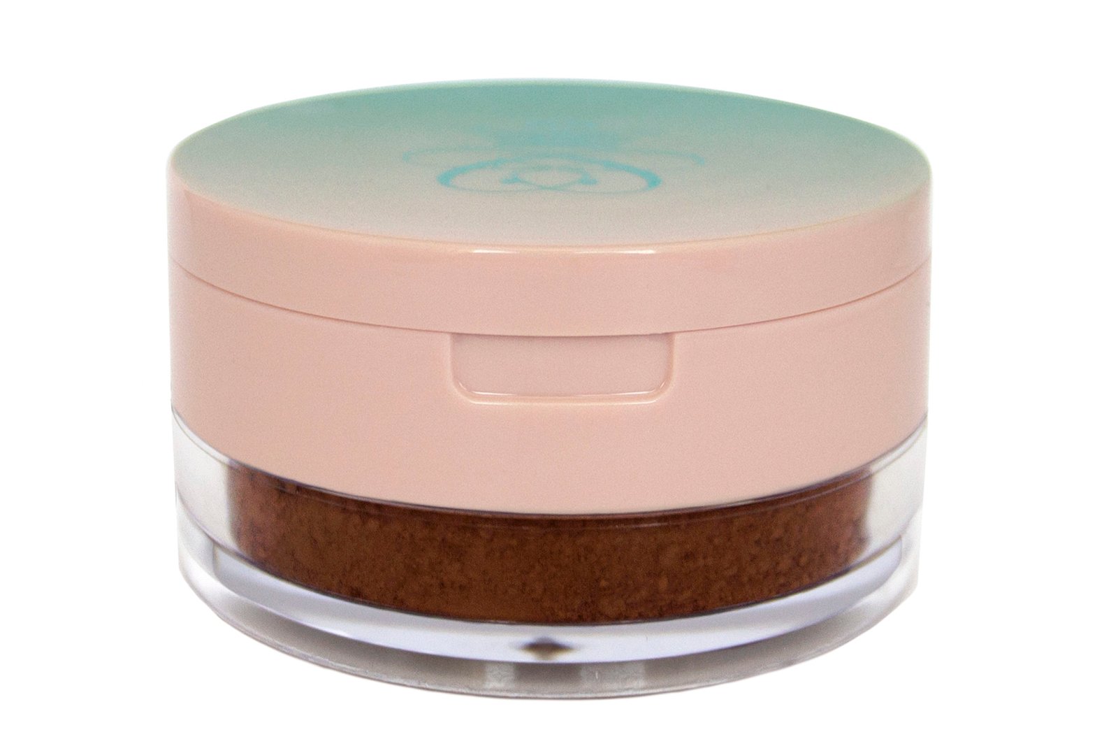 loose makeup powder in translucent plastic jar with pink flap cap lid on white isolated background