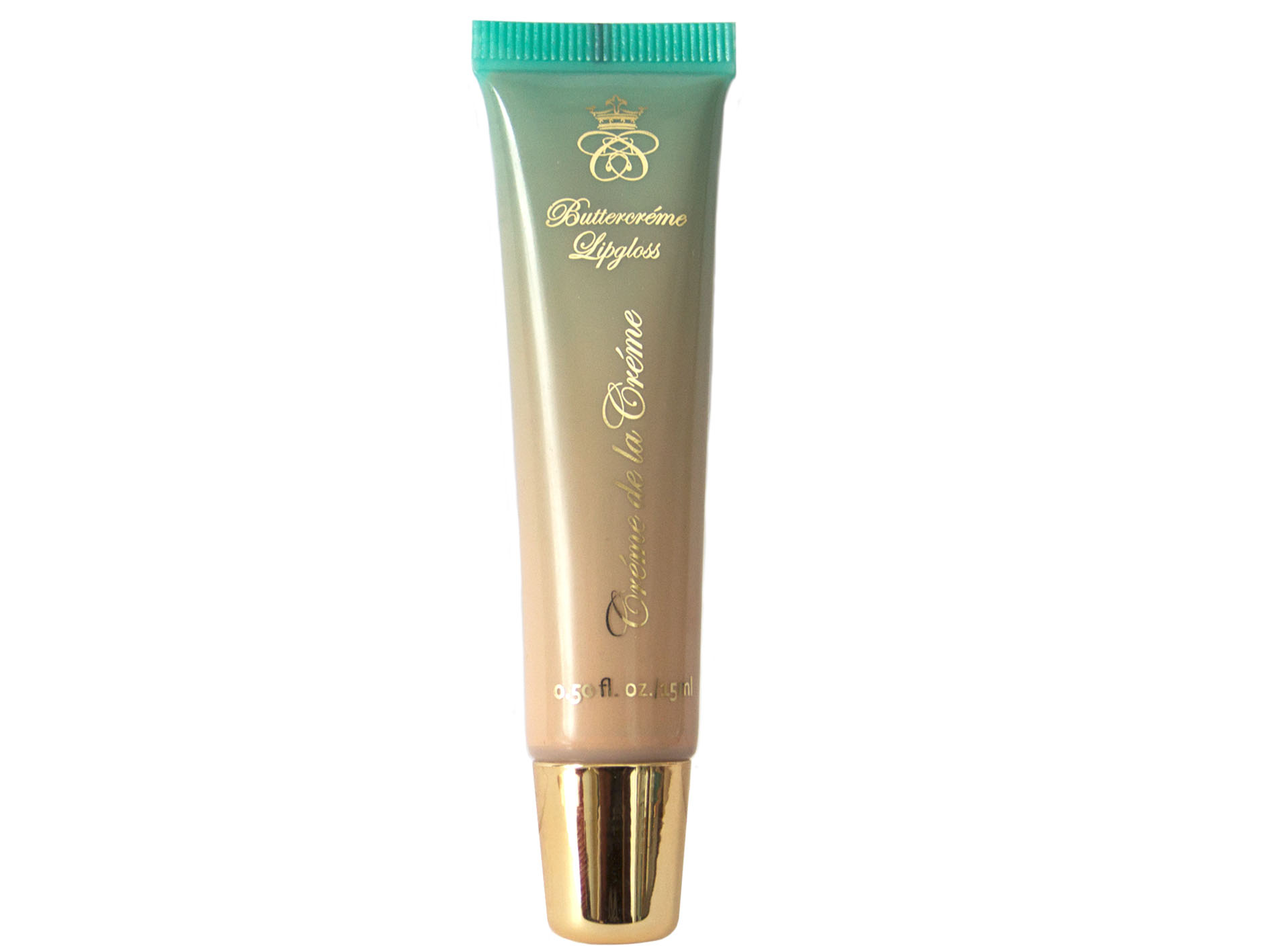 Biscotti Buttercrème Lip Gloss squeeze tube with gold cap on white isolated background