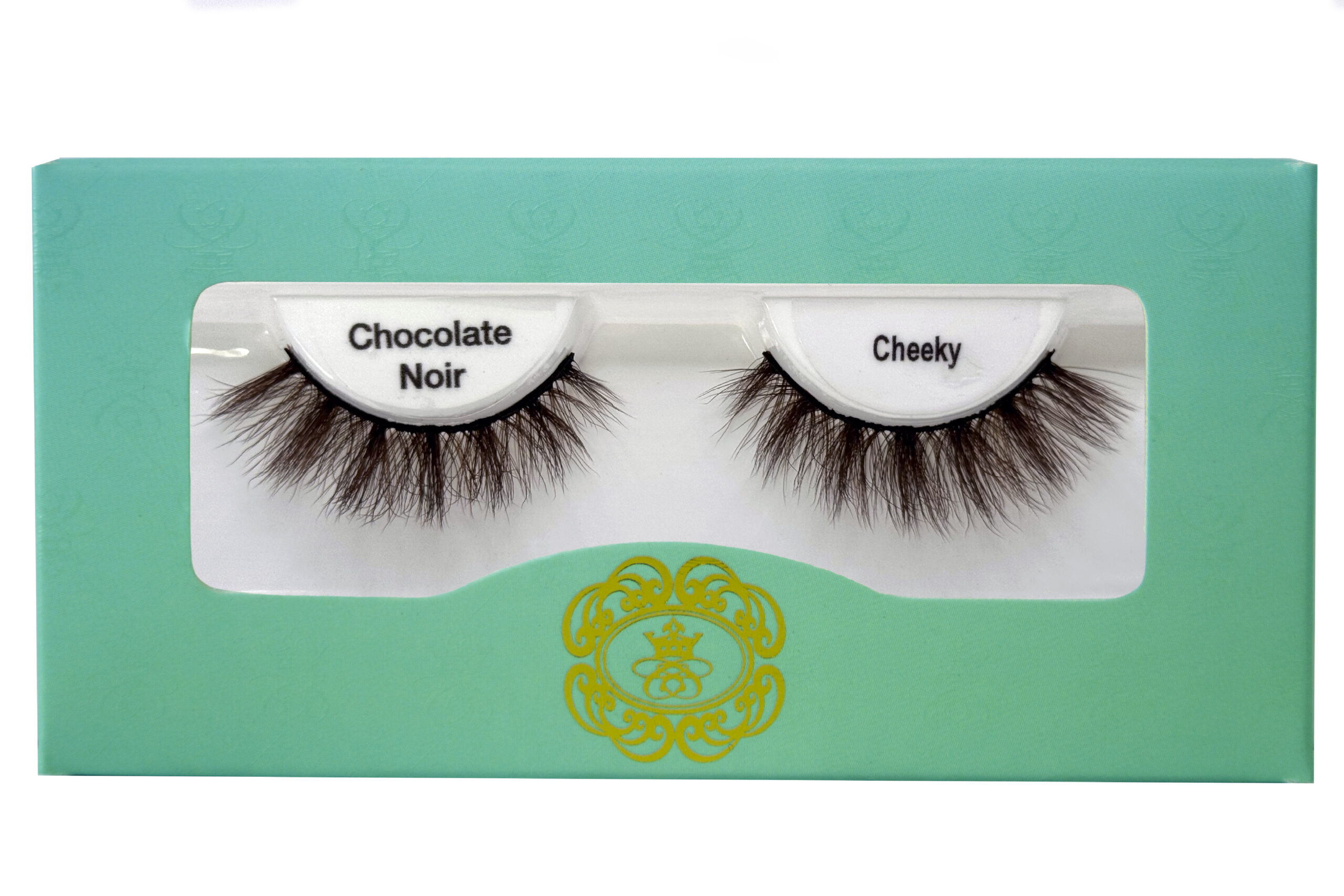 Cheeky chocolate noir Eyelash Brown coloured false eyelashes, brown eyelashes in white lash tray inside teal box on white background