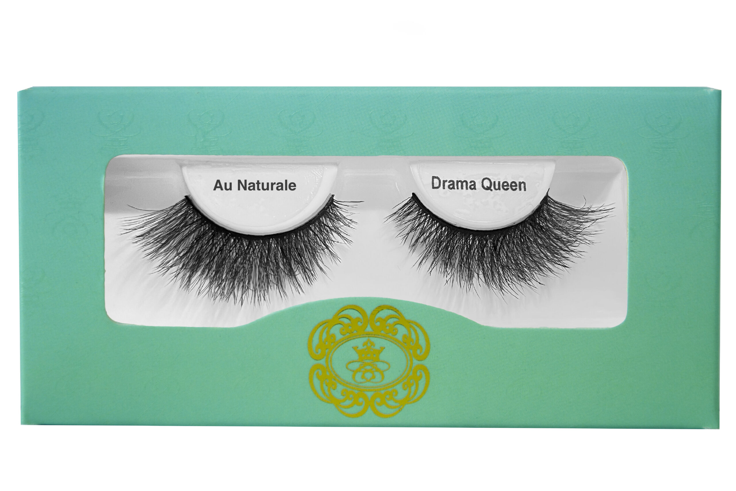 Drama Queen Biodegradable strip eyelash black strip eyelashes in gradient blue-green eyelash box on white isolated background.