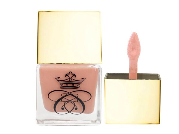 nude, pink-nude, liquid blush inside square glass bottle with gold cap and wand applicator on white isolated background