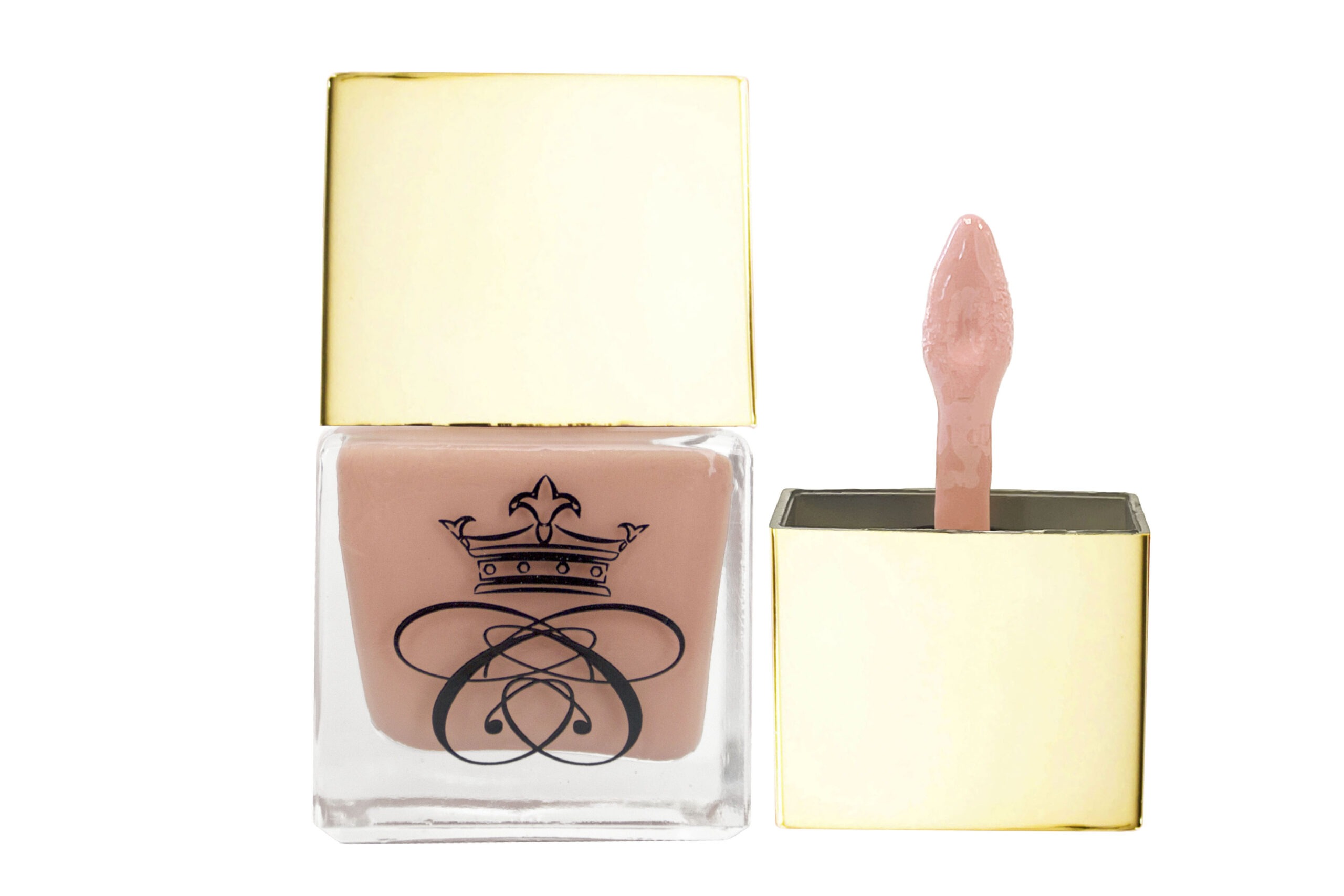 Striptease Molten Rouge Do I Make You Blush nude, pink-nude, liquid blush inside square glass bottle with gold cap and wand applicator on white isolated background