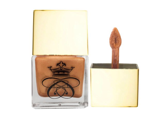 liquid highlighter inside square glass bottle with gold cap and wand applicator on white isolated background