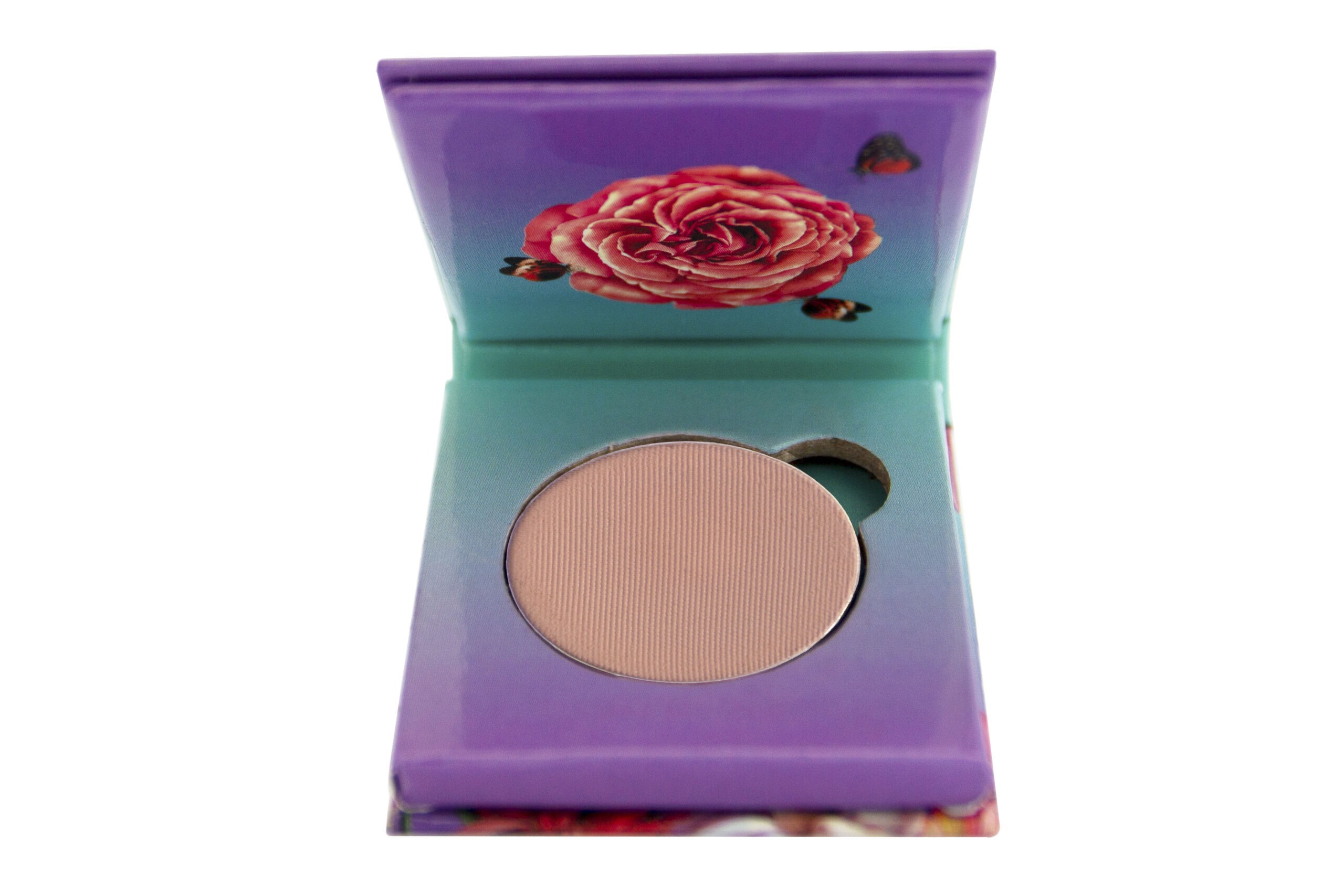 pinky-brown, nude matte, pressed eyeshadow single, inside a paper eyeshadow palette, on white isolated background