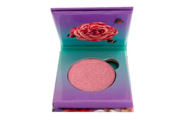 Flamingo Paradise Shimmer Eyeshadow Collection rose-pink, dusty-rose, shimmer, glitter, pressed eyeshadow powder, single pan palette, eyeshadow single, inside a paper eyeshadow palette, on white isolated background