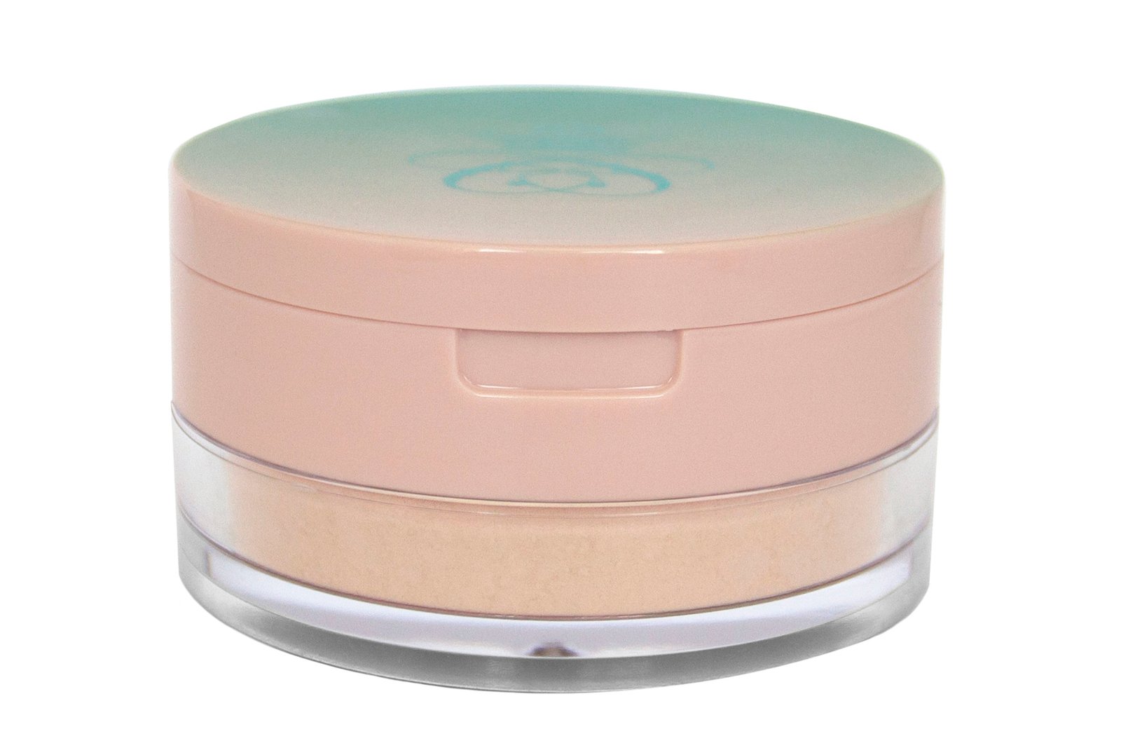 loose makeup powder in translucent plastic jar with pink flap cap lid on white isolated background.