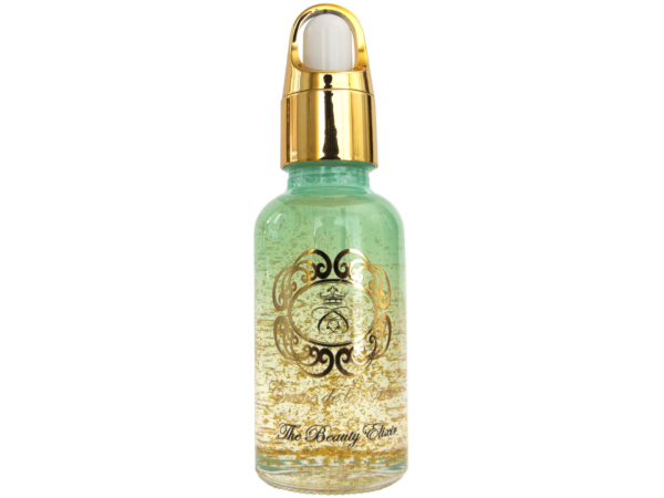 The Beauty Elixir Gold Bar, face oil in gradient blue glass bottle with gold dropper cap on white isolated background