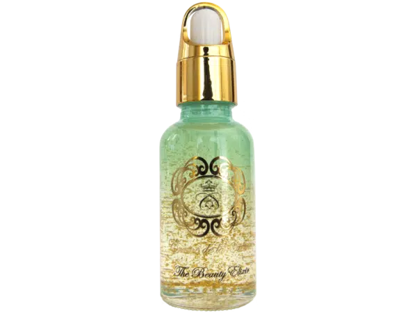 The Beauty Elixir Gold Bar face oil in gradient blue glass bottle with gold dropper cap on white background