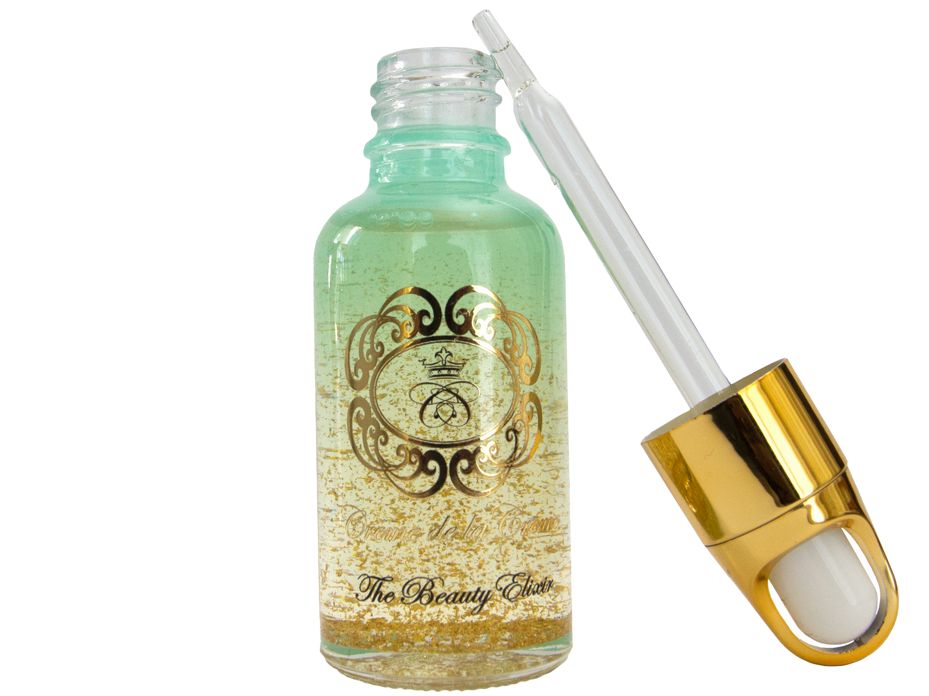 The Beauty Elixir Gold Bar, face oil in gradient blue glass bottle with gold dropper cap on white isolated background
