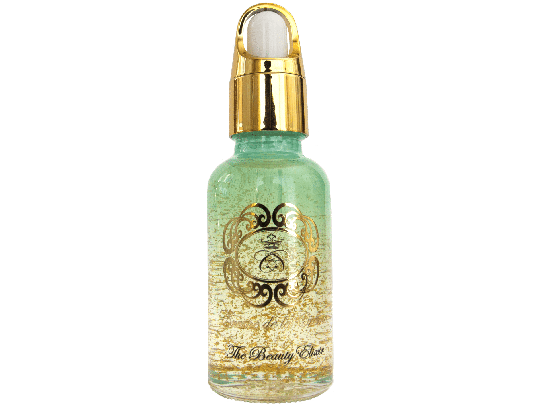 The Beauty Elixir Gold Bar, face oil in gradient blue glass bottle with gold dropper cap on white isolated background