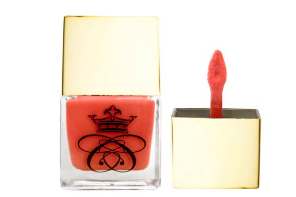 Do I Make You Blush Molten Rouge, liquid blush inside square glass bottle with gold cap and wand applicator on white isolated background