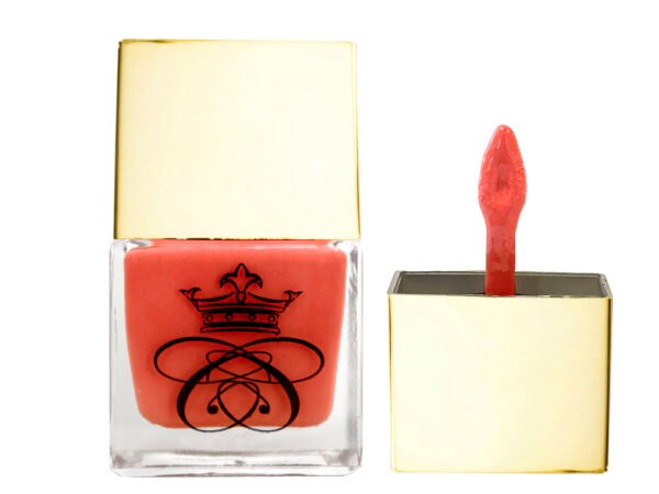 Do I Make You Blush Molten Rouge, liquid blush inside square glass bottle with gold cap and wand applicator on white isolated background