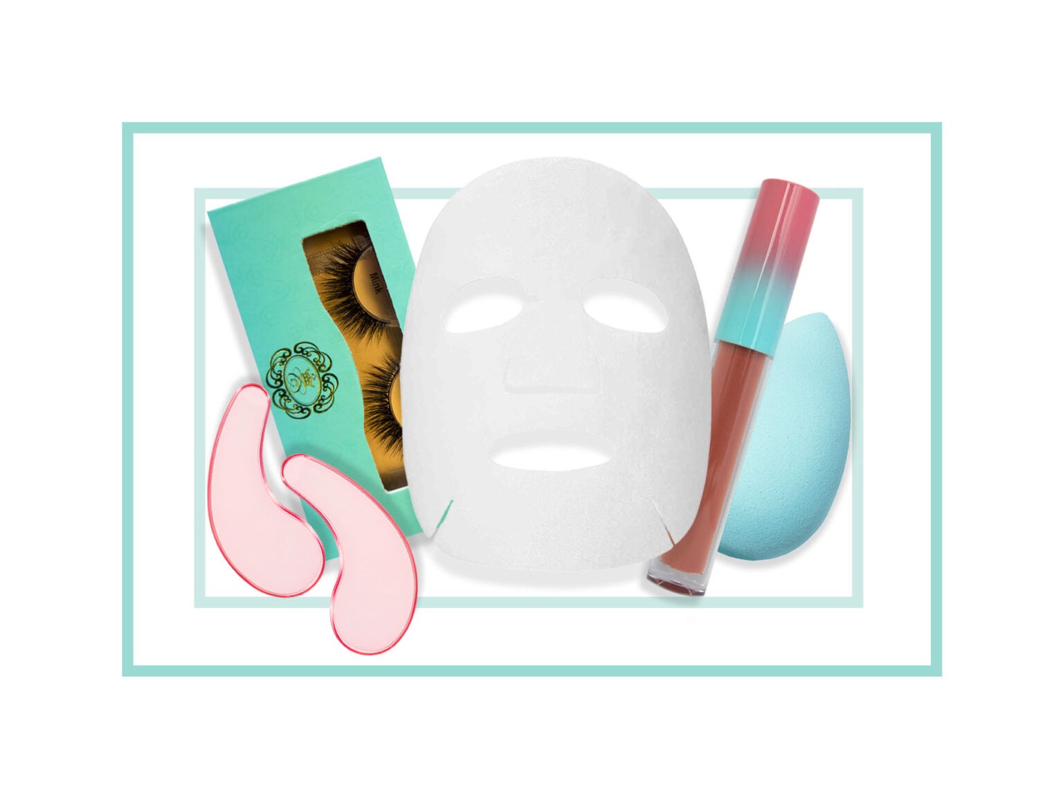 Beauty essentials: sheet mask, lashes, lip gloss, & makeup blender sponge