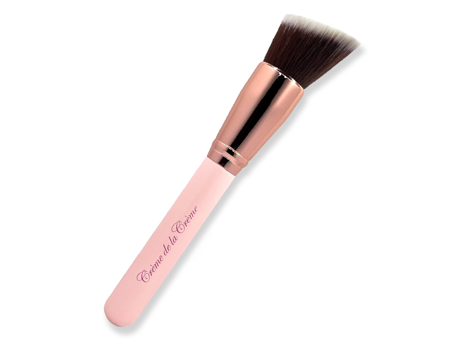 angled, flat top, makeup brush with pink handle and rose gold ferrule on white isolated background