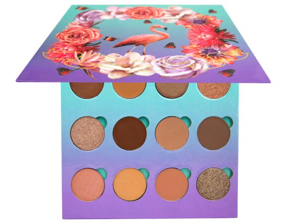 Flamingo Paradise Eyeshadow Palette 12 pan eyeshadow palette, pressed powder eyeshadow palette on white isolated background