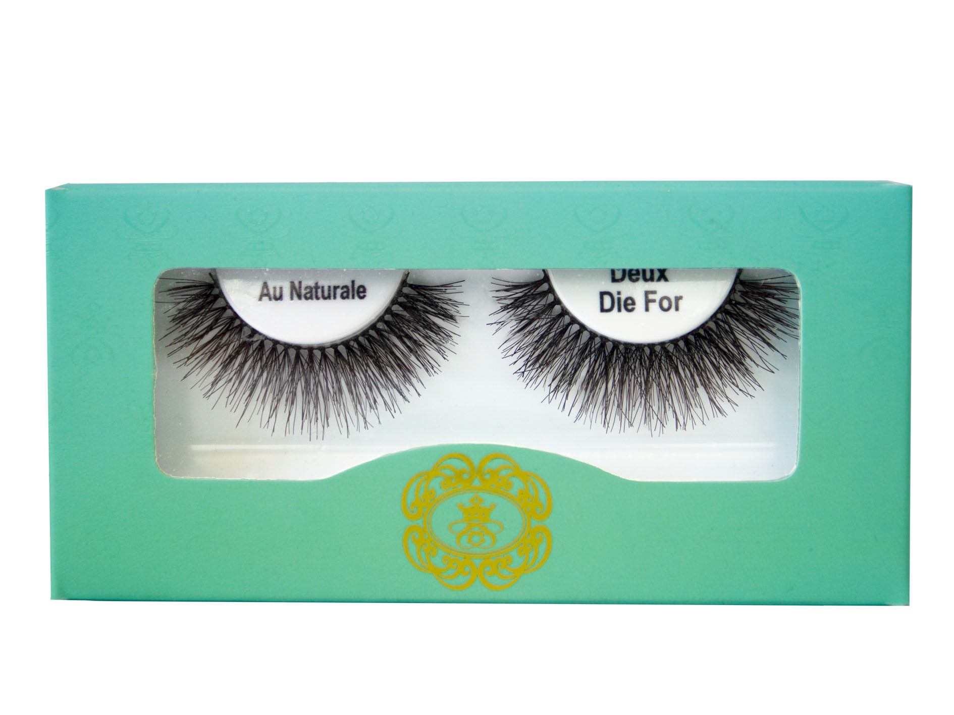 Deux Die For Double Layer Eyelash Collection white eyelash tray inside blue-green box packaging